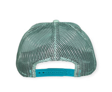 Load image into Gallery viewer, Mint green/kelly green snapback cap/Mesh mint back with black and yellow logo character embroidered on front center
