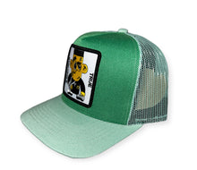 Load image into Gallery viewer, Mint green/kelly green snapback cap/Mesh mint back with black and yellow logo character embroidered on front center
