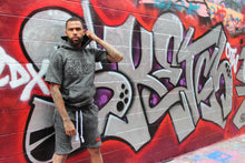 Load image into Gallery viewer, Black Acid Wash Short Sleeve Hoodie/Short Set.
