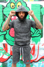 Load image into Gallery viewer, Black Acid Wash Short Sleeve Hoodie/Short Set.
