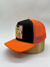 Load image into Gallery viewer, Orange/Black snapback cap/Mesh Orange back with yellow and orange logo character embroidered on front center
